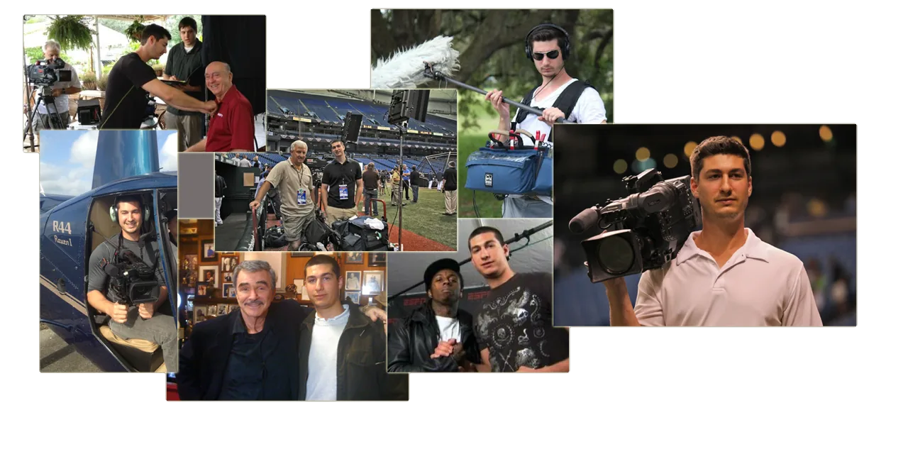 Joe Giannotti on location over the years, booming, running camera and working with talent on broadcast shoots
